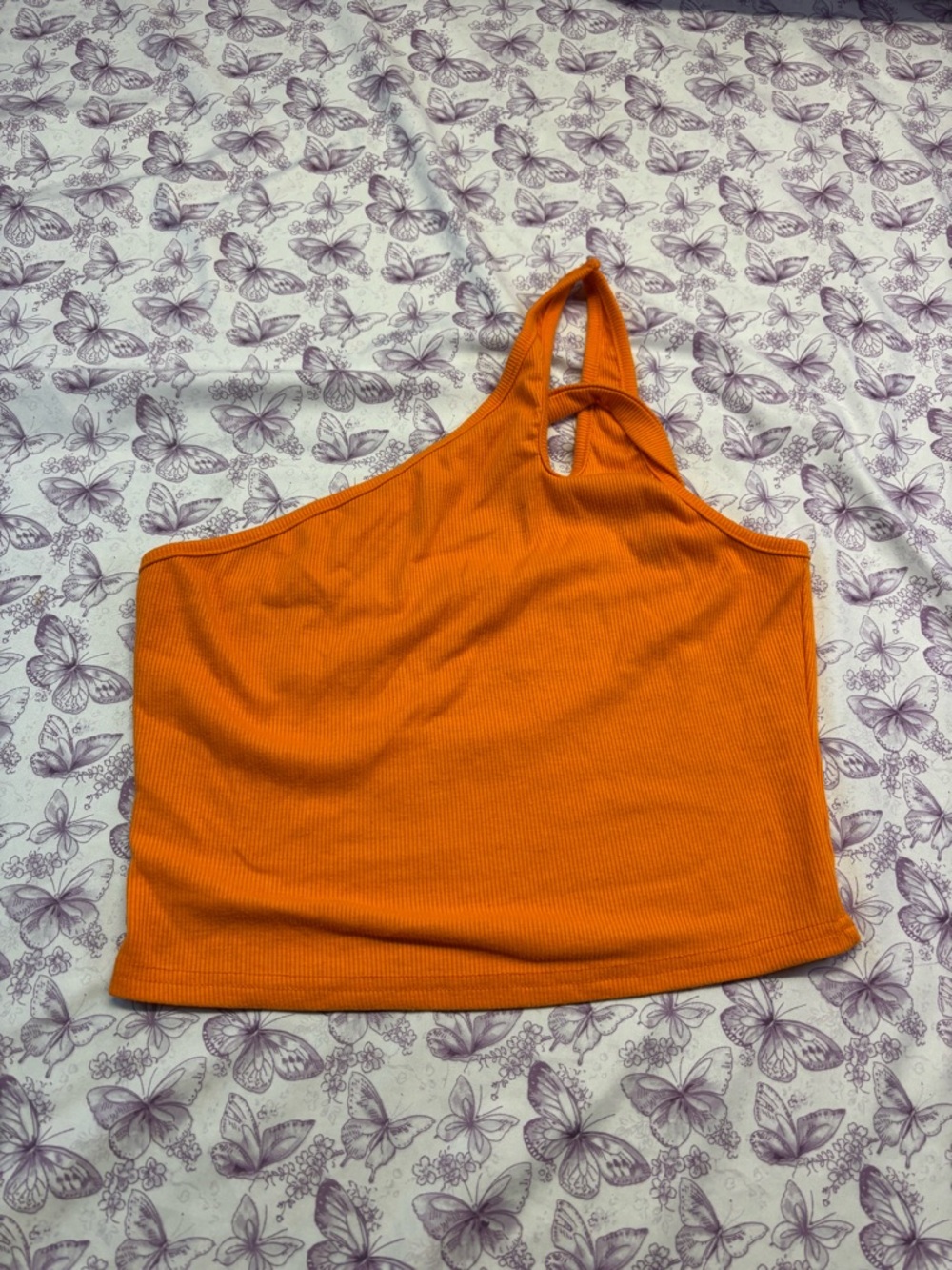 🍄SHEIN Orange One-Shoulder Ribbed Crop Top